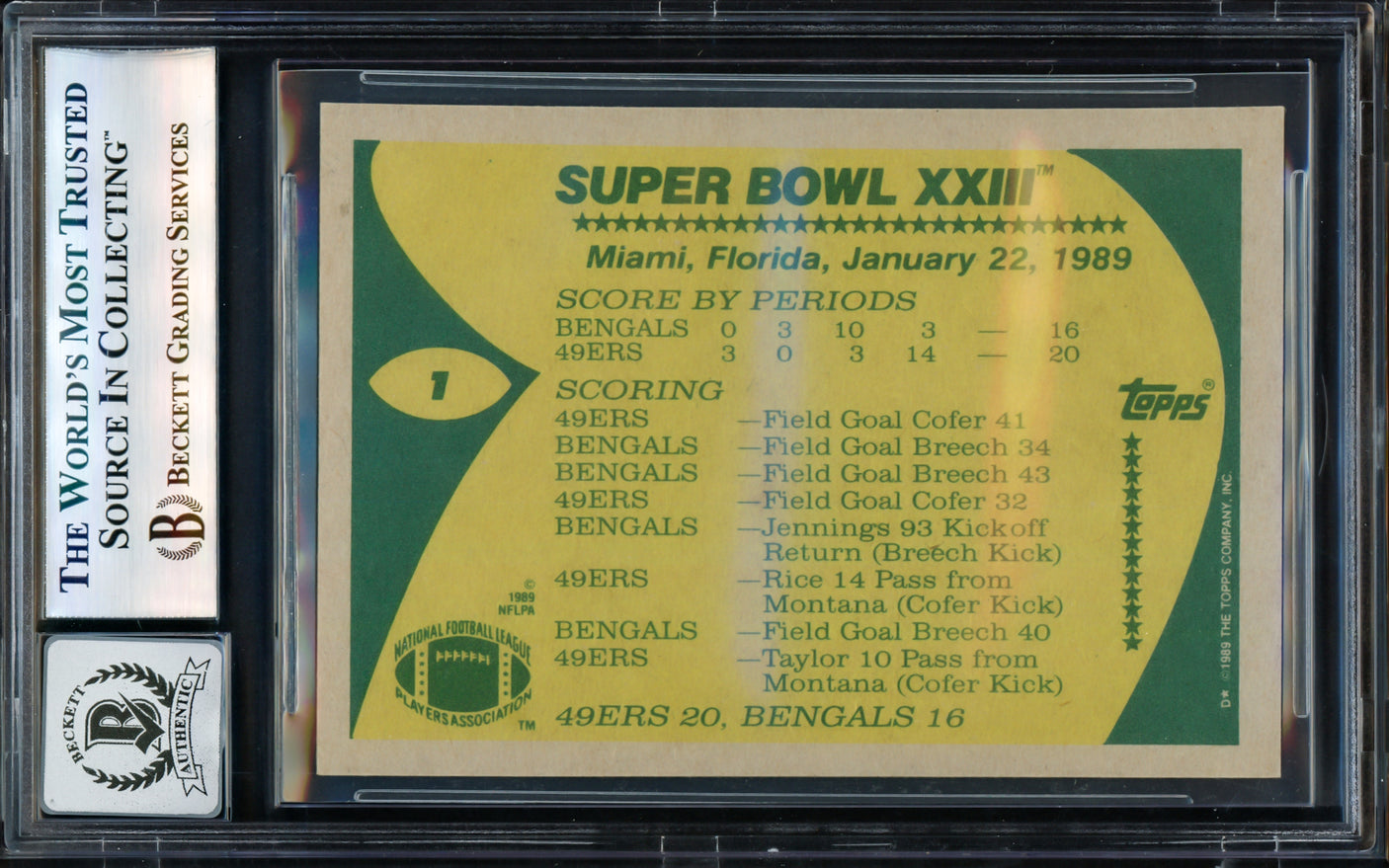 Joe Montana Autographed 1989 Topps Card #1 San Francisco 49ers Auto Grade Gem Mint 10 Beckett BAS Stock #238910