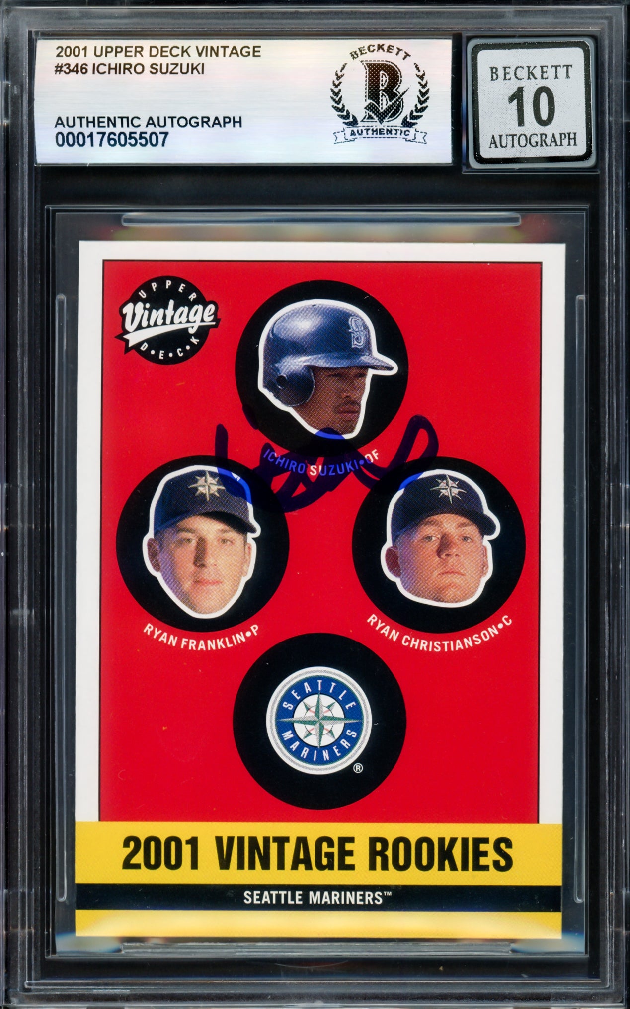 Ichiro Suzuki Autographed 2001 Upper Deck Vintage Rookie Card #346 Seattle Mariners Auto Grade Gem Mint 10 Beckett BAS Stock #238927