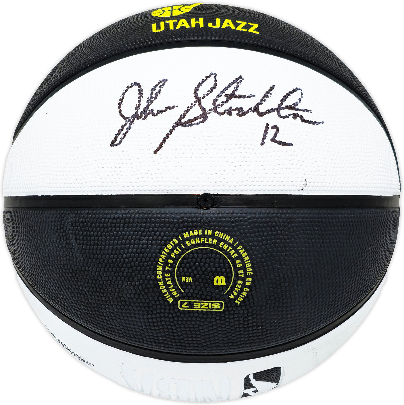 John Stockton Autographed Black & White Team Tribute Utah Jazz Logo Basketball Beckett BAS Witness Stock #224370