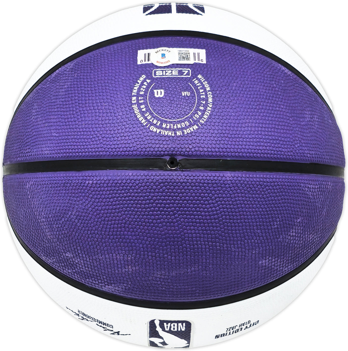 John Stockton Autographed Purple & White City Edition Basketball Utah Jazz Beckett BAS Witness Stock #224371