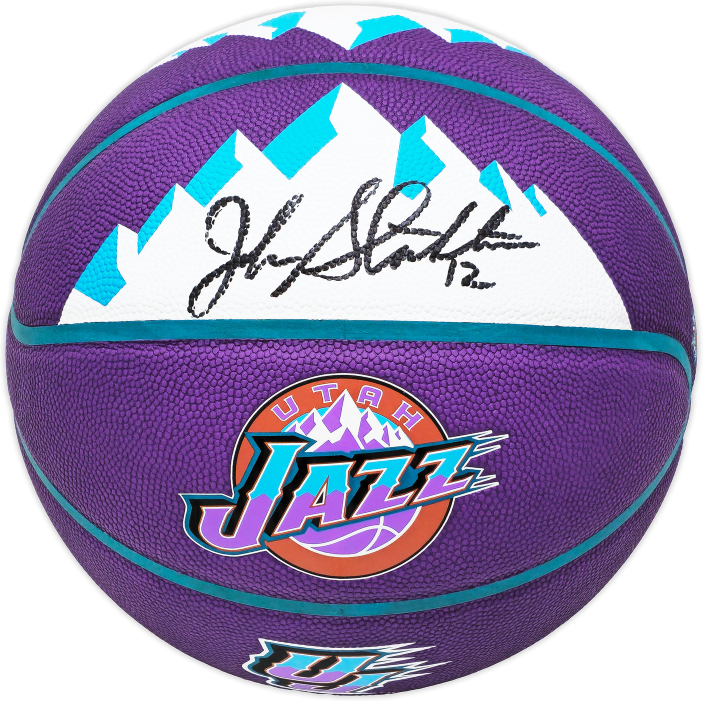 John Stockton Autographed Purple City Edition Basketball Utah Jazz With Mountains Beckett BAS Witness Stock #224372