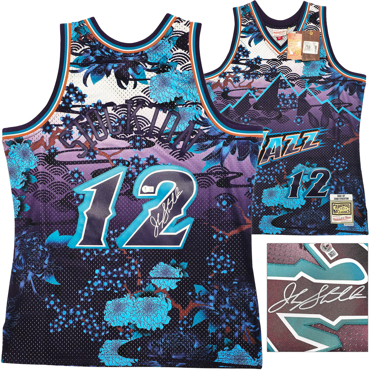 Utah Jazz John Stockton Autographed Purple Authentic Mitchell & Ness 1996-97 Hardwood Classic Swingman Asian Heritage 5.0 Jersey Size L Beckett BAS Witness Stock #224343
