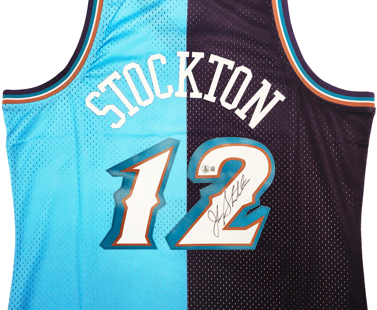 Utah Jazz John Stockton Autographed Blue & Purple Authentic Mitchell & Ness 1996-97 Hardwood Classic Swingman Split Jersey Size XL Beckett BAS Witness Stock #224341