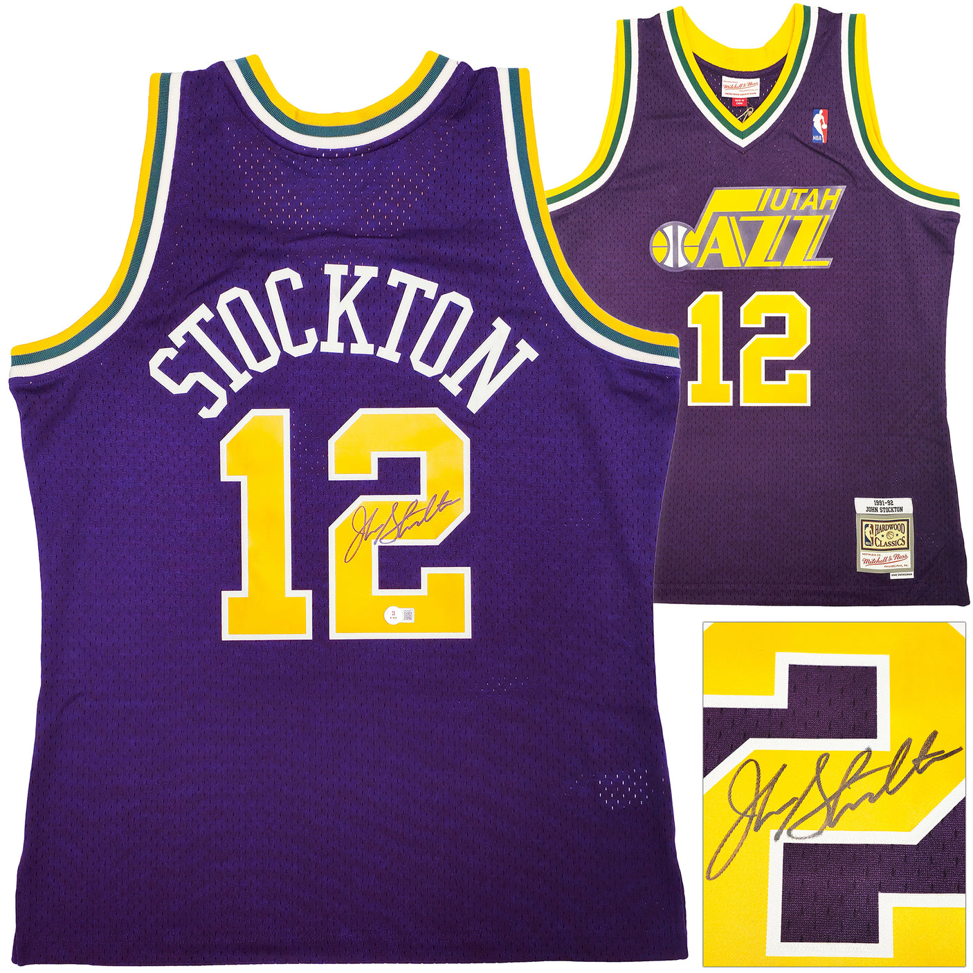 Utah Jazz John Stockton Autographed Purple Authentic Mitchell & Ness 1991-92 Hardwood Classic Swingman Jersey Size L Beckett BAS Witness Stock #224354
