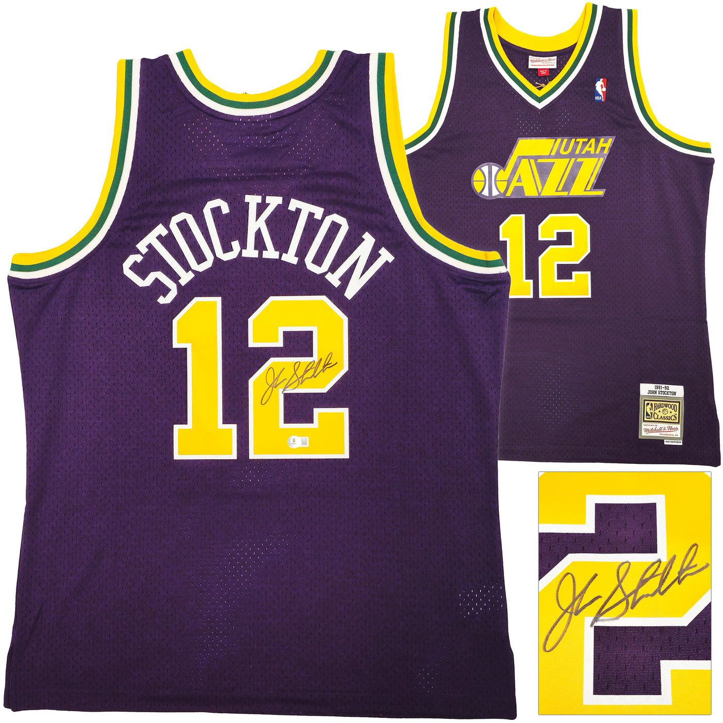 Utah Jazz John Stockton Autographed Purple Authentic Mitchell & Ness 1991-92 Hardwood Classic Swingman Jersey Size XL Beckett BAS Witness Stock #224355