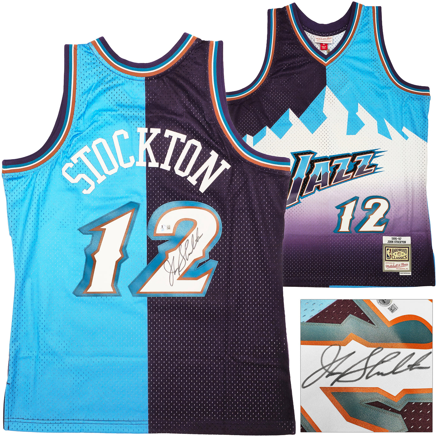 Utah Jazz John Stockton Autographed Blue & Purple Authentic Mitchell & Ness 1996-97 Hardwood Classic Swingman Split Jersey Size L Beckett BAS Witness Stock #224340