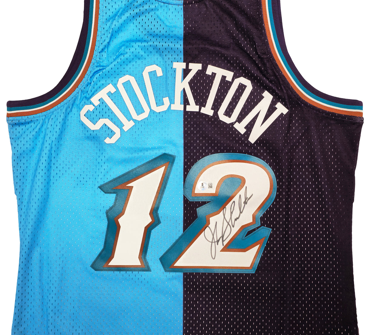 Utah Jazz John Stockton Autographed Blue & Purple Authentic Mitchell & Ness 1996-97 Hardwood Classic Swingman Split Jersey Size L Beckett BAS Witness Stock #224340