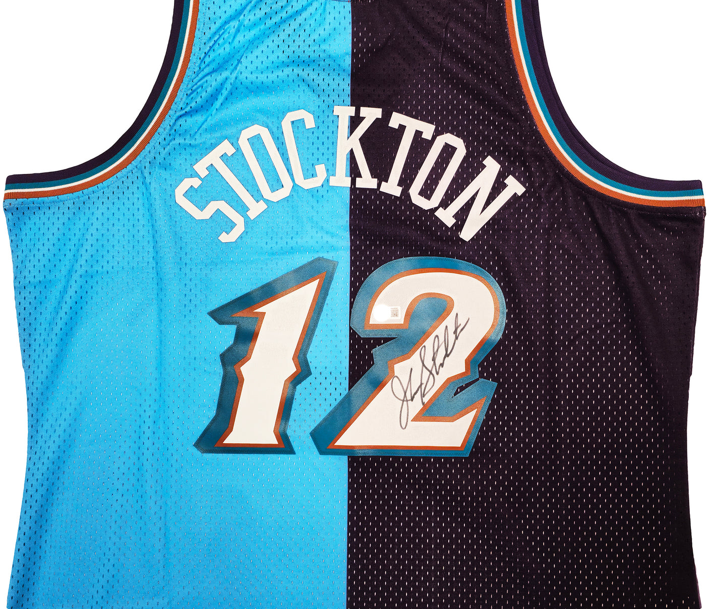 Utah Jazz John Stockton Autographed Blue & Purple Authentic Mitchell & Ness 1996-97 Hardwood Classic Swingman Split Jersey Size XXL Beckett BAS Witness Stock #224342