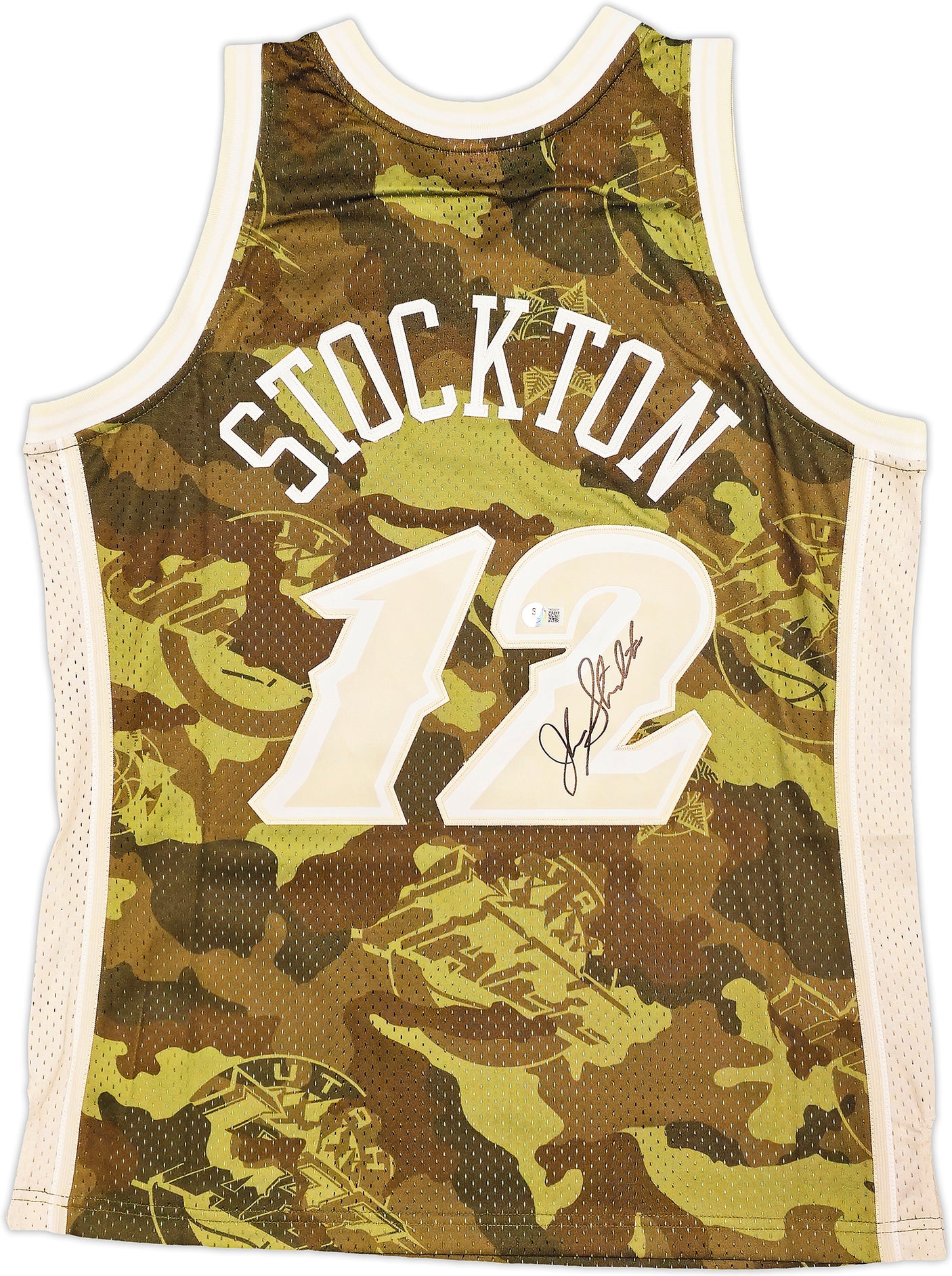 Utah Jazz John Stockton Autographed Green Authentic Mitchell & Ness 1998-99 Hardwood Classic Swingman Ghost Camo Jersey Size L Beckett BAS Witness Stock #224348