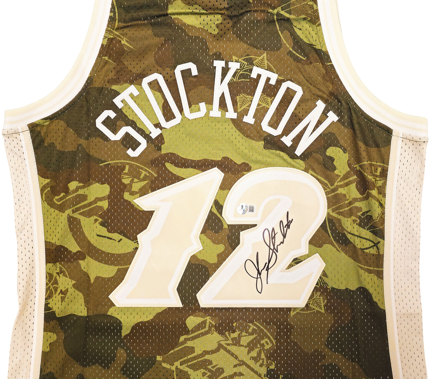 Utah Jazz John Stockton Autographed Green Authentic Mitchell & Ness 1998-99 Hardwood Classic Swingman Ghost Camo Jersey Size L Beckett BAS Witness Stock #224348