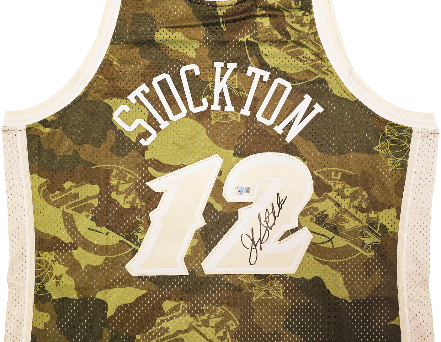 Utah Jazz John Stockton Autographed Green Authentic Mitchell & Ness 1998-99 Hardwood Classic Swingman Ghost Camo Jersey Size XXL Beckett BAS Witness Stock #224350