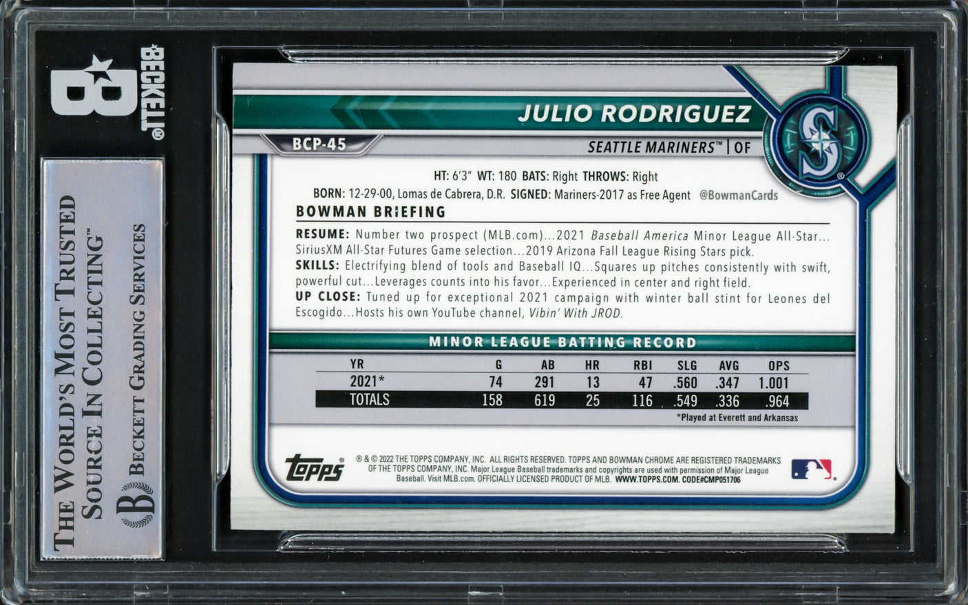 Julio Rodriguez Autographed 2022 Bowman Chrome Rookie Card #BCP45 Seattle Mariners Beckett BAS Stock #224673