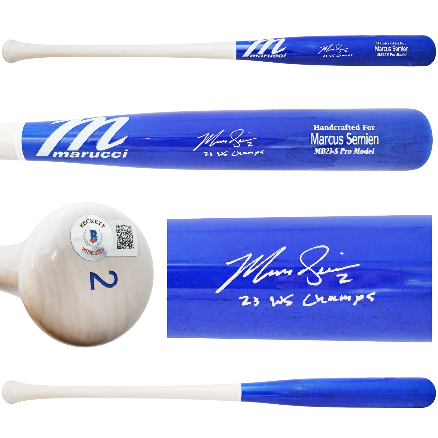 Marcus Semien Autographed Blue & White Marucci Player Model Baseball Bat Texas Rangers "23 WS Champs" Beckett BAS Witness Stock #224398