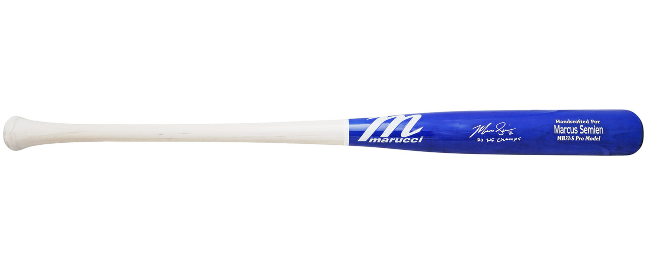 Marcus Semien Autographed Blue & White Marucci Player Model Baseball Bat Texas Rangers "23 WS Champs" Beckett BAS Witness Stock #224398