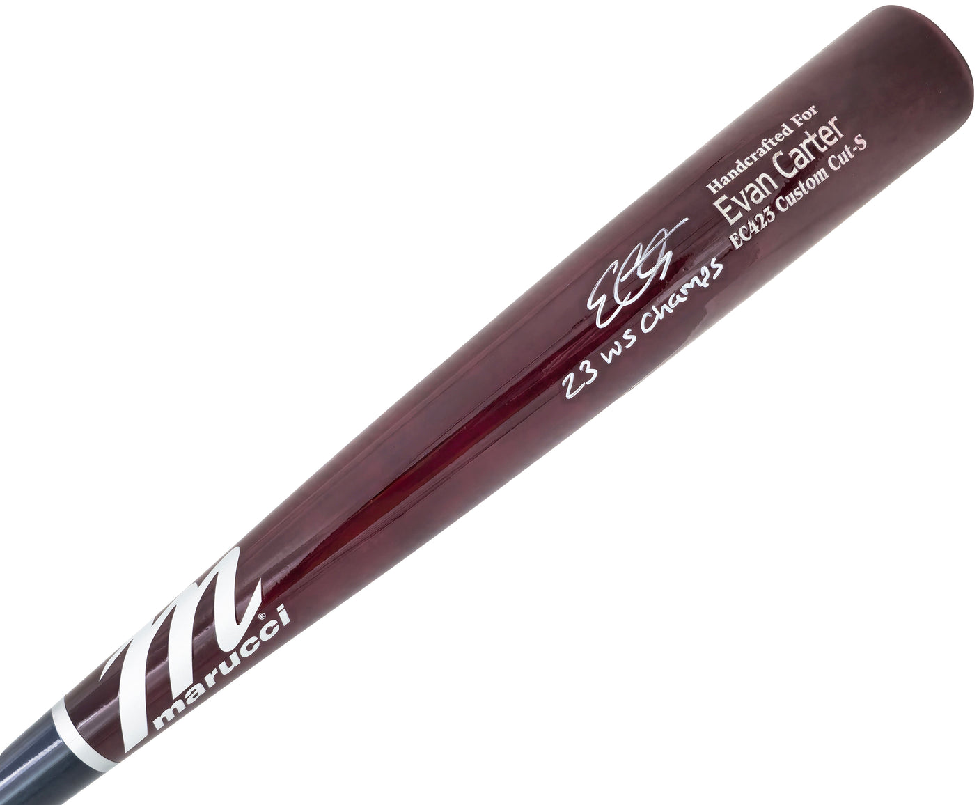 Evan Carter Autographed Maroon & Navy Marucci Player Model Baseball Bat Texas Rangers "23 WS Champs" Beckett BAS Witness Stock #224409