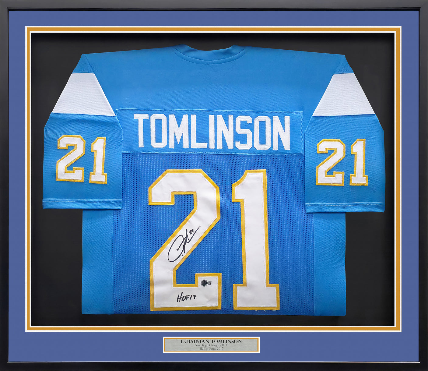 San Diego Chargers LaDainian Tomlinson Autographed Framed Powder Blue Jersey "HOF 17" Beckett BAS Witness Stock #239064