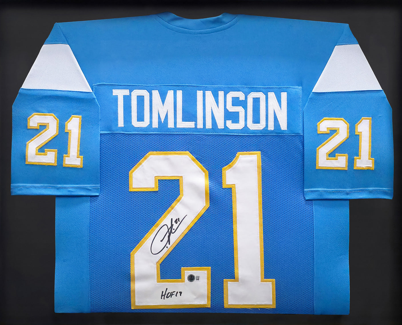 San Diego Chargers LaDainian Tomlinson Autographed Framed Powder Blue Jersey "HOF 17" Beckett BAS Witness Stock #239064