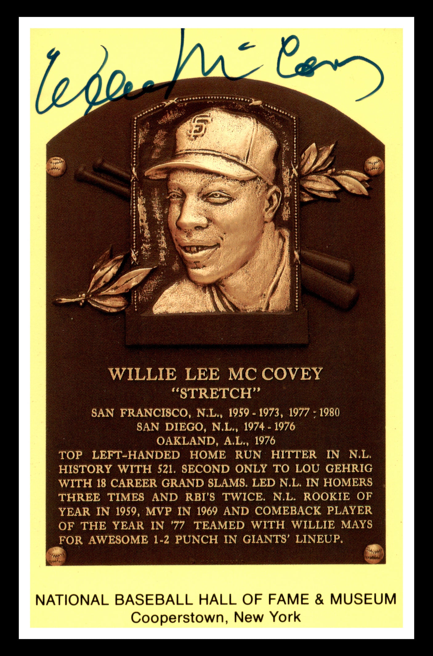 Willie McCovey Autographed Hall of Fame HOF Plaque Postcard San Francisco Giants JSA #A26267