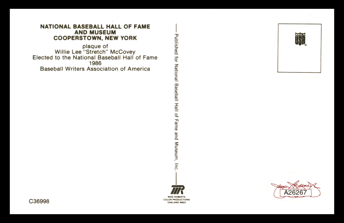 Willie McCovey Autographed Hall of Fame HOF Plaque Postcard San Francisco Giants JSA #A26267