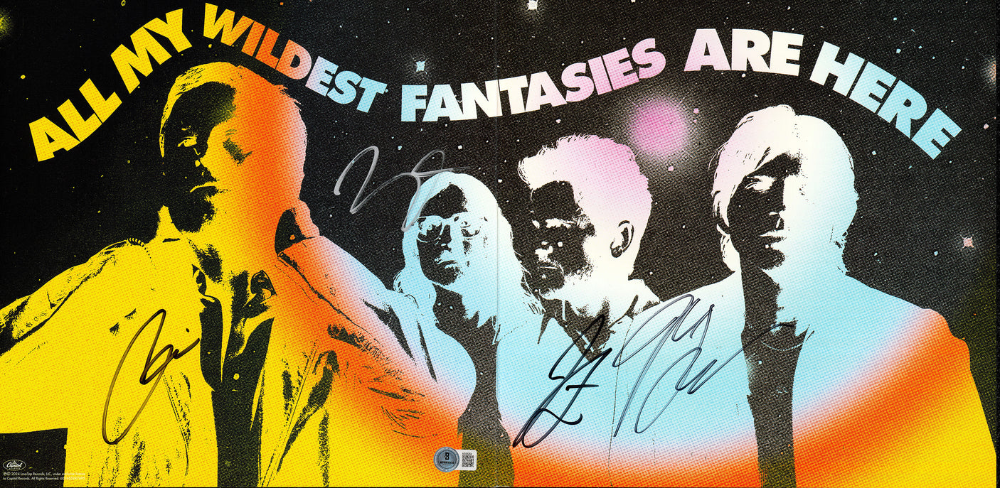 Kings of Leon Autographed 12x24 Poster Insert "All My Wildest Fantasies Are Here" Signed By All 4 Followill Band Members (With Vinyl & Record) Beckett BAS #AE08294