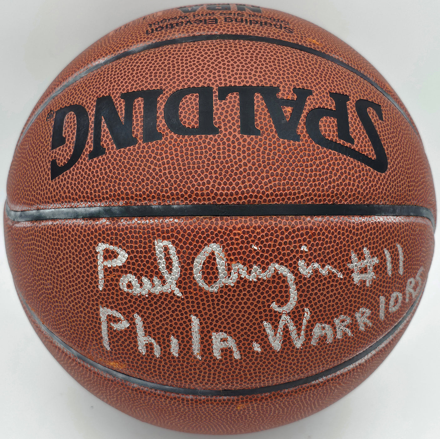 Paul Arizin Autographed Spalding Leather Basketball Philadelphia Warriors "#11 Phila. Warriors" Beckett BAS QR #BR88746