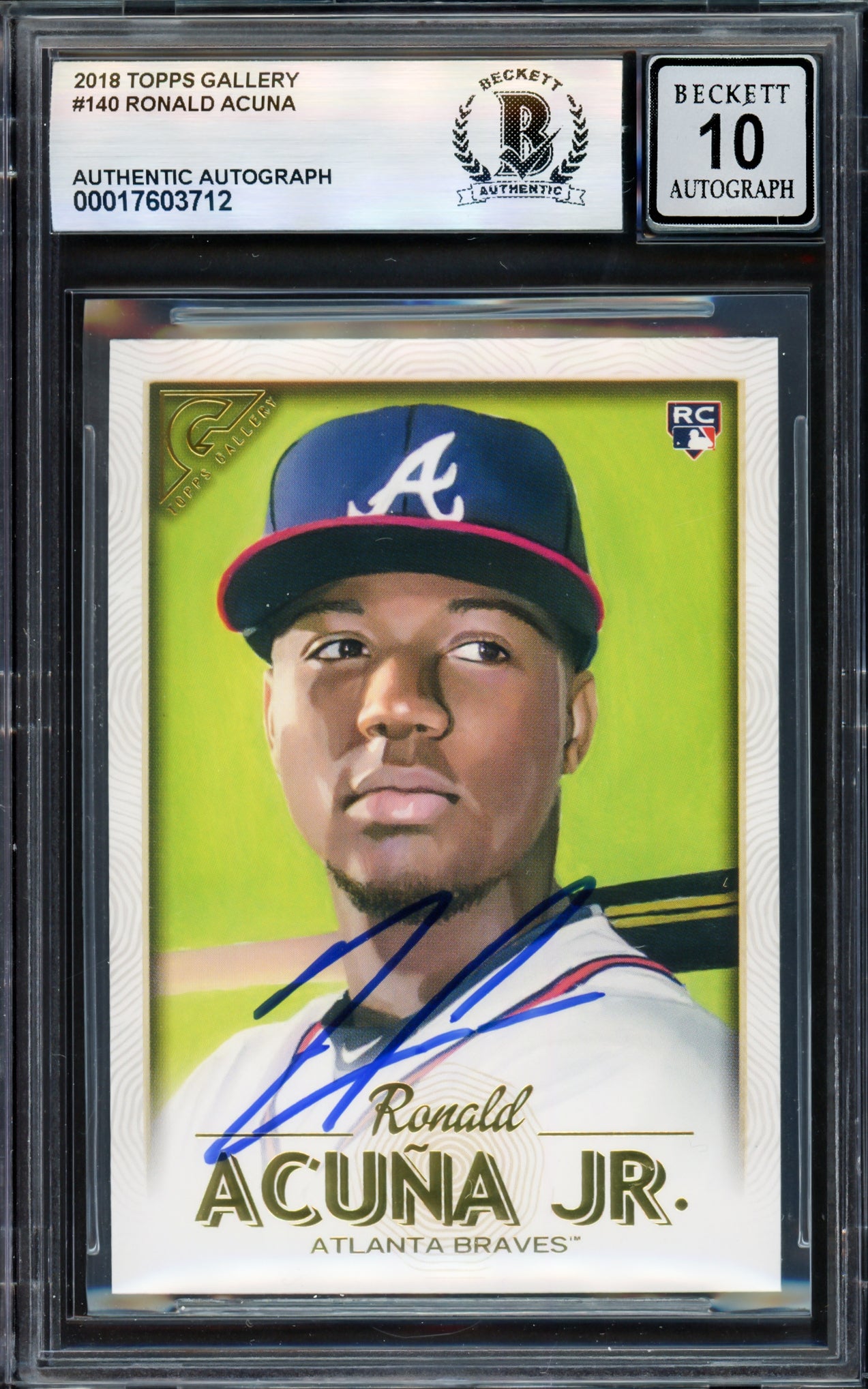 Ronald Acuna Jr. Autographed 2018 Topps Gallery Rookie Card #140 Atlanta Braves Auto Grade Gem Mint 10 Beckett BAS #17603712