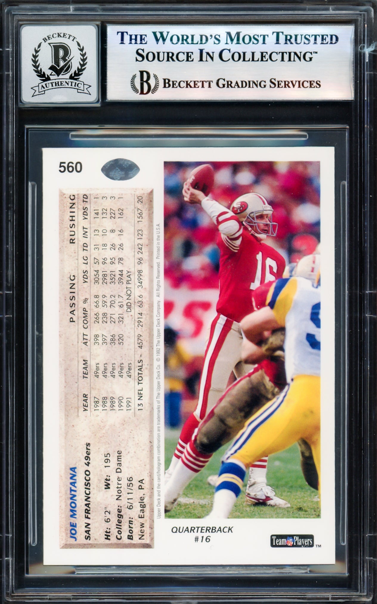 Joe Montana Autographed 1992 Upper Deck Card #560 San Francisco 49ers Auto Grade Gem Mint 10 Beckett BAS #17604094