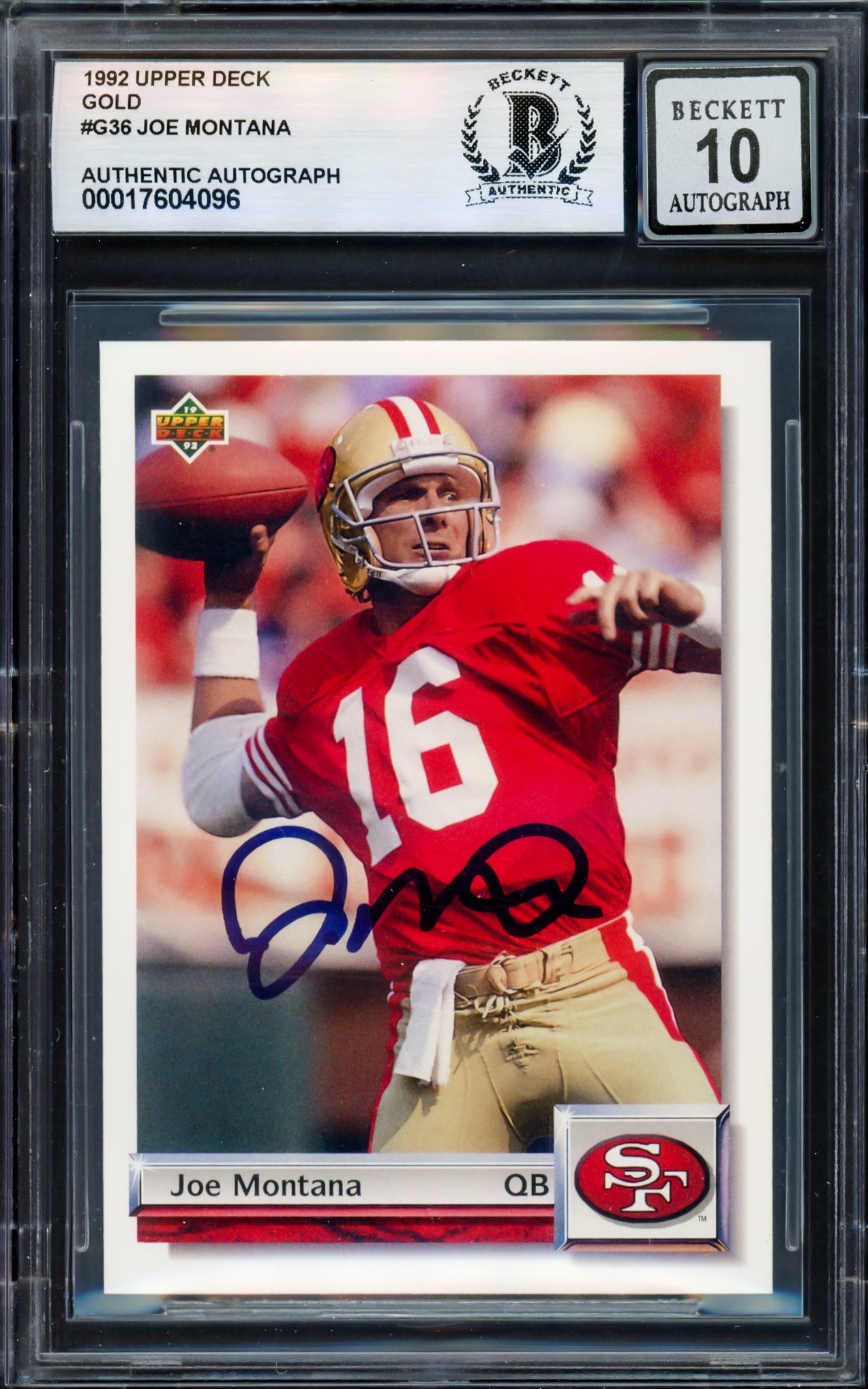 Joe Montana Autographed 1992 Upper Deck Gold Card #G36 San Francisco 49ers Auto Grade Gem Mint 10 Beckett BAS #17604096