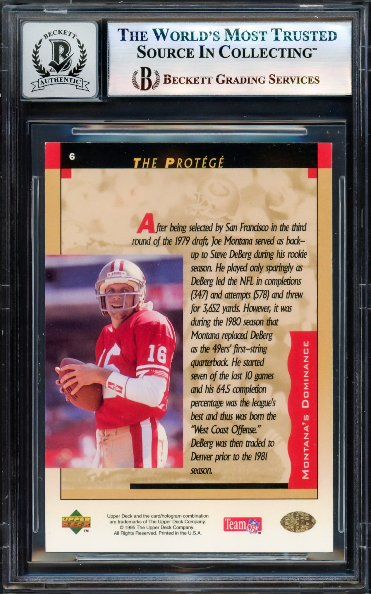 Joe Montana Autographed 1995 Upper Deck Card #6 San Francisco 49ers Auto Grade Gem Mint 10 Beckett BAS #17604131