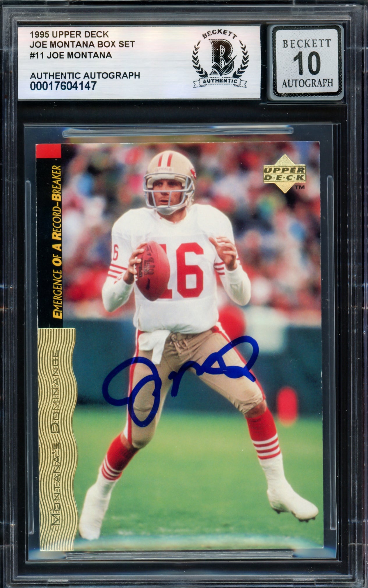 Joe Montana Autographed 1995 Upper Deck Card #11 San Francisco 49ers Auto Grade Gem Mint 10 Beckett BAS #17604147