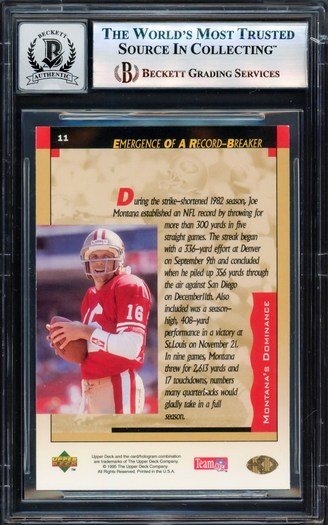 Joe Montana Autographed 1995 Upper Deck Card #11 San Francisco 49ers Auto Grade Gem Mint 10 Beckett BAS #17604147