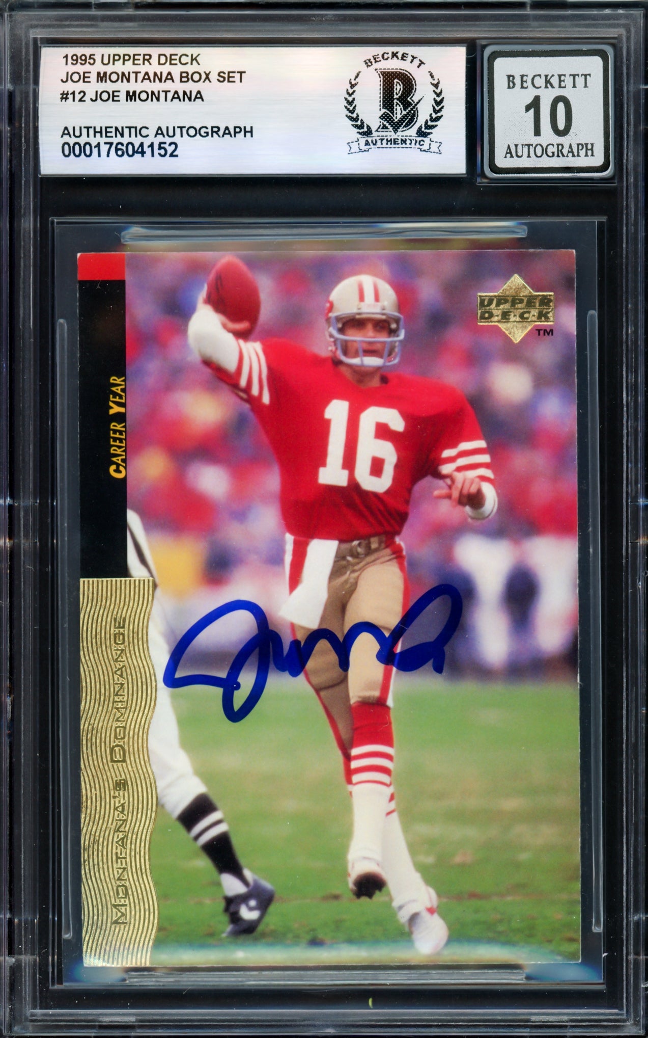 Joe Montana Autographed 1995 Upper Deck Card #12 San Francisco 49ers Auto Grade Gem Mint 10 Beckett BAS #17604152