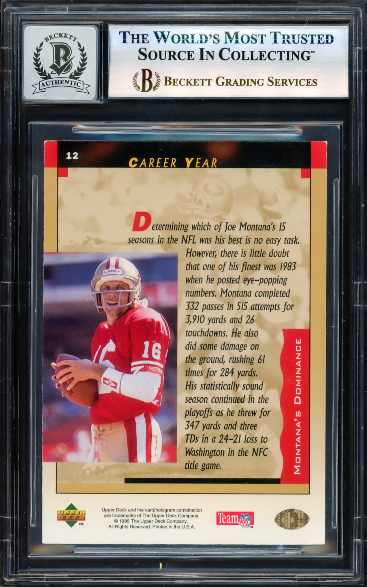 Joe Montana Autographed 1995 Upper Deck Card #12 San Francisco 49ers Auto Grade Gem Mint 10 Beckett BAS #17604152