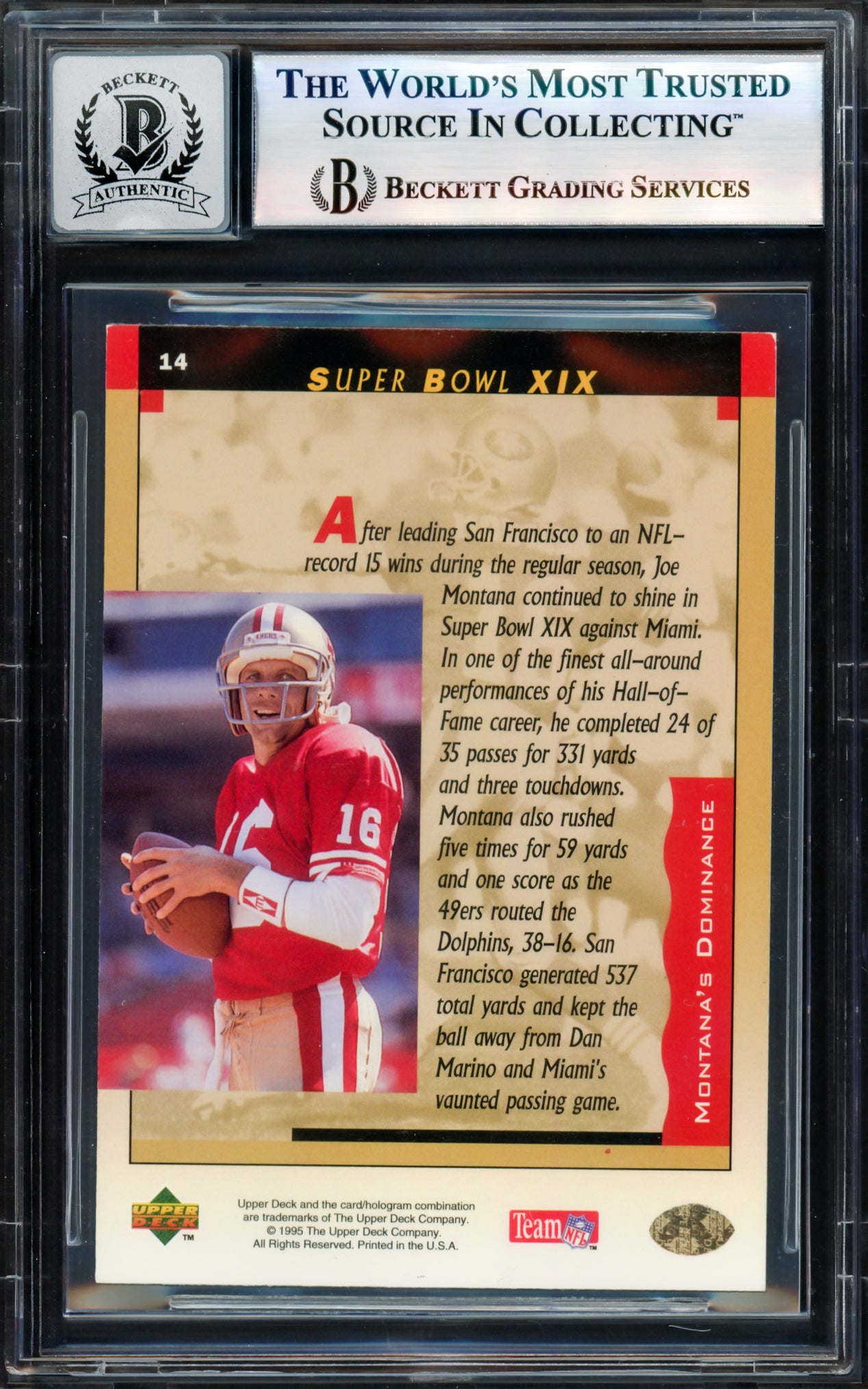 Joe Montana Autographed 1995 Upper Deck Card #14 San Francisco 49ers Auto Grade Gem Mint 10 Beckett BAS #17604166