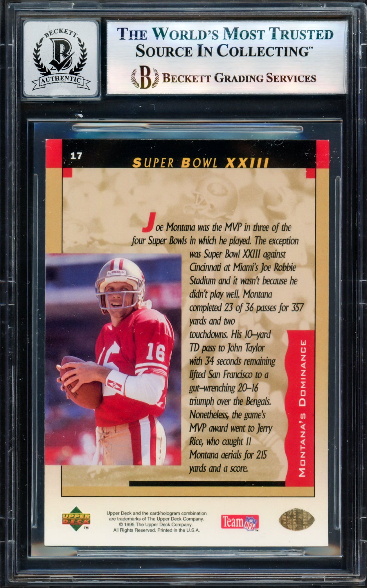 Joe Montana Autographed 1995 Upper Deck Card #17 San Francisco 49ers Auto Grade Gem Mint 10 Beckett BAS #17604196