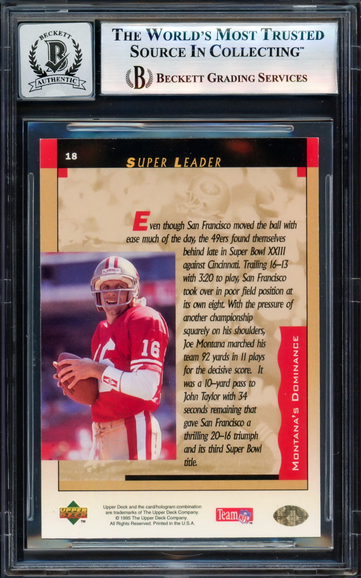 Joe Montana Autographed 1995 Upper Deck Card #18 San Francisco 49ers Auto Grade Gem Mint 10 Beckett BAS #17604198