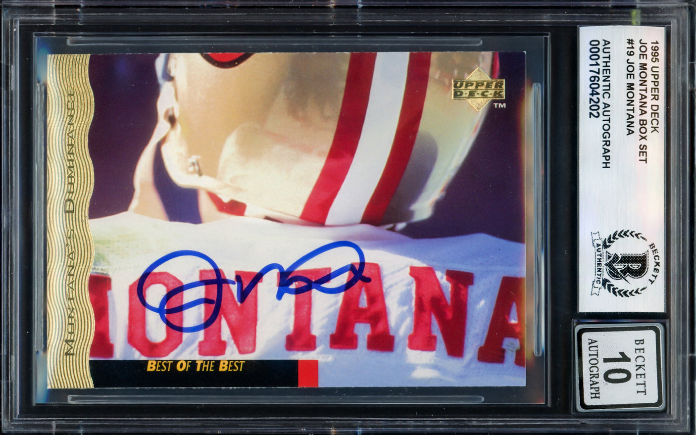Joe Montana Autographed 1995 Upper Deck Card #19 San Francisco 49ers Auto Grade Gem Mint 10 Beckett BAS #17604202