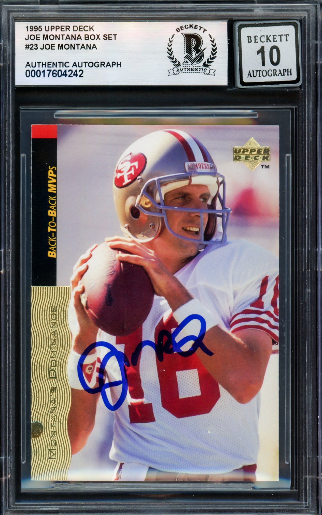 Joe Montana Autographed 1995 Upper Deck Card #23 San Francisco 49ers Auto Grade Gem Mint 10 Beckett BAS #17604242