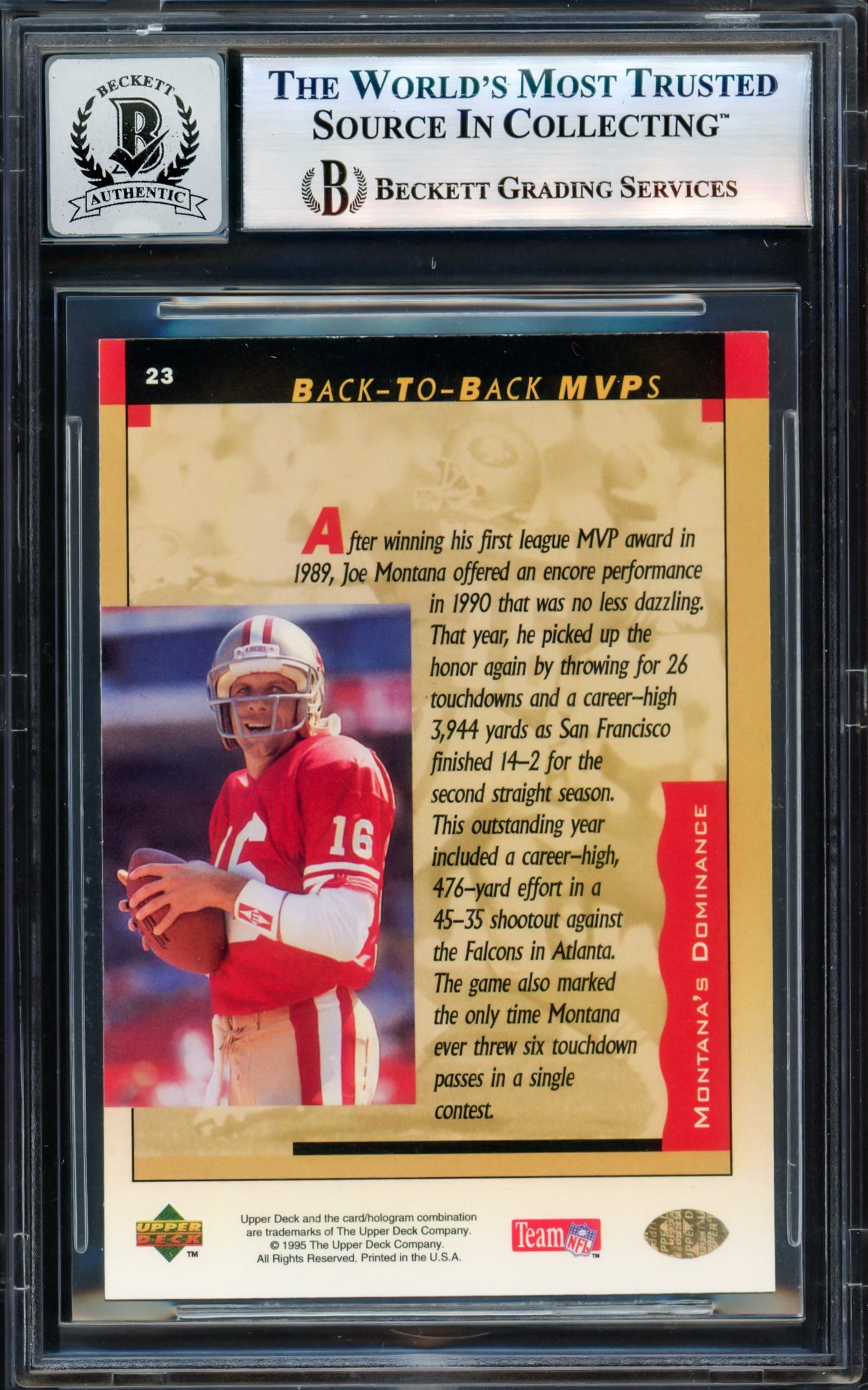 Joe Montana Autographed 1995 Upper Deck Card #23 San Francisco 49ers Auto Grade Gem Mint 10 Beckett BAS #17604242