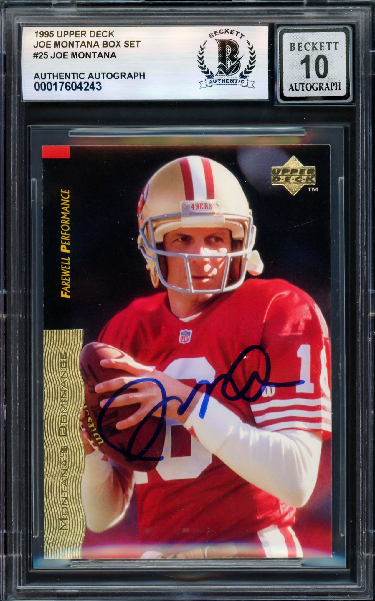 Joe Montana Autographed 1995 Upper Deck Card #25 San Francisco 49ers Auto Grade Gem Mint 10 Beckett BAS #17604243