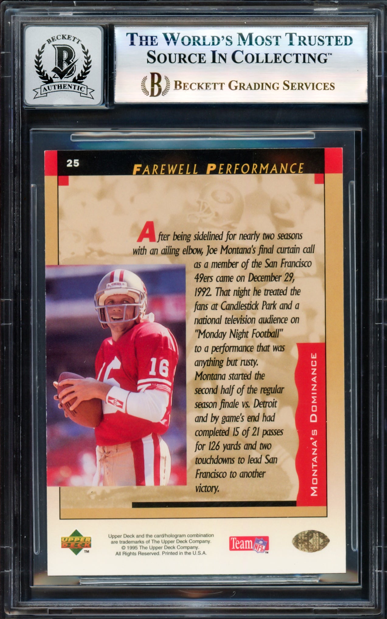 Joe Montana Autographed 1995 Upper Deck Card #25 San Francisco 49ers Auto Grade Gem Mint 10 Beckett BAS #17604243