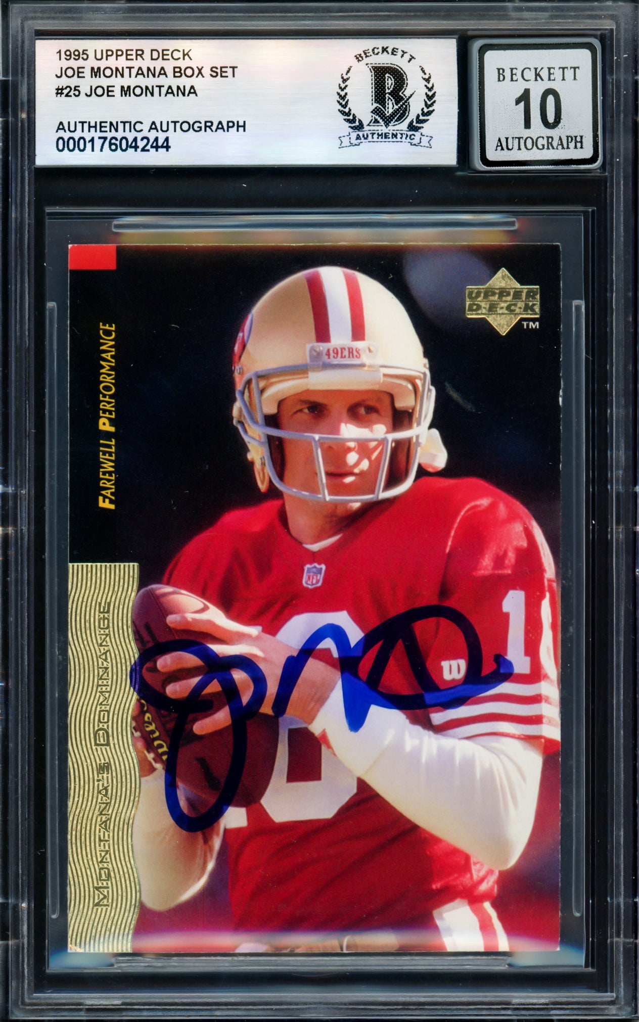 Joe Montana Autographed 1995 Upper Deck Card #25 San Francisco 49ers Auto Grade Gem Mint 10 Beckett BAS #17604244