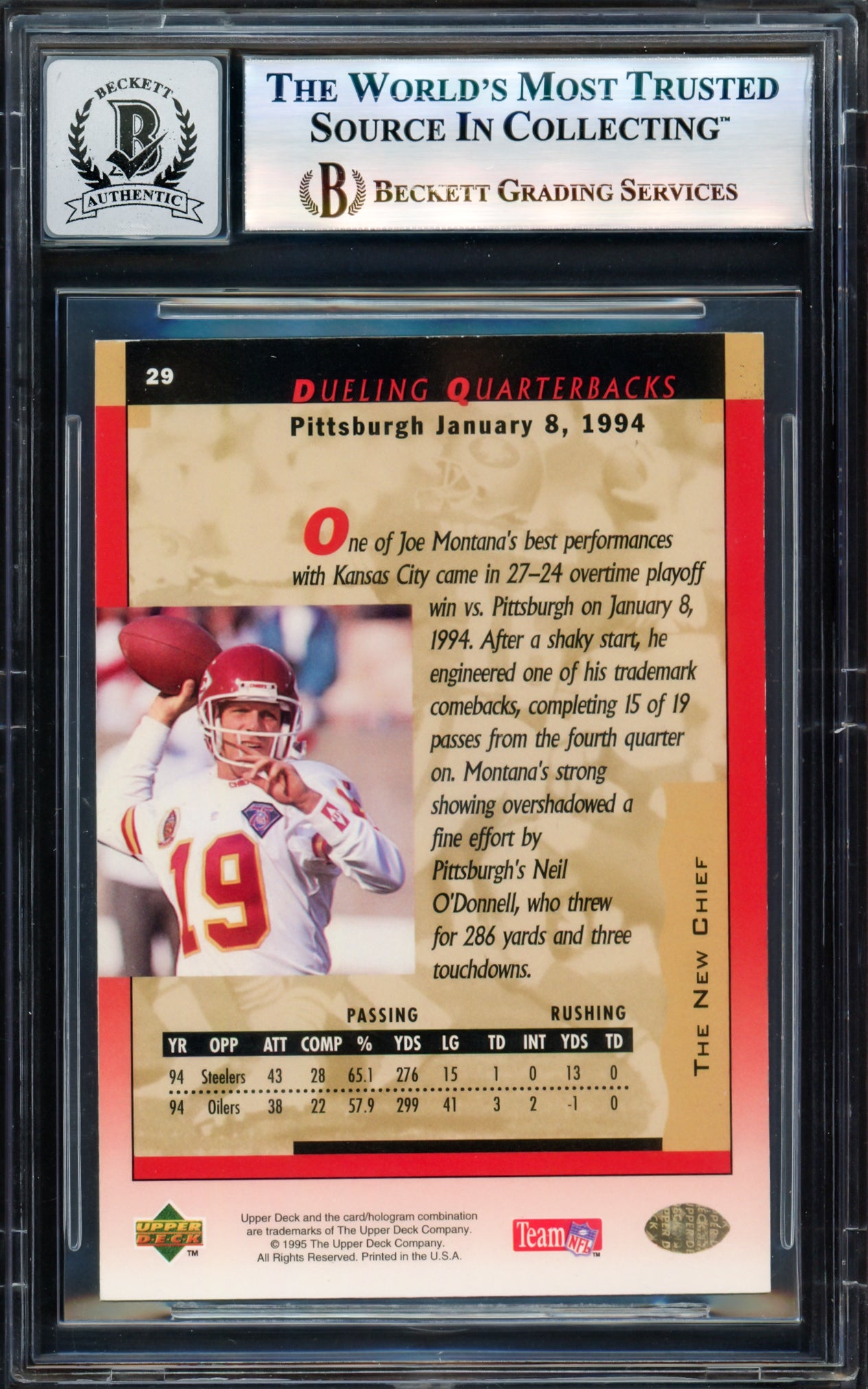 Joe Montana Autographed 1995 Upper Deck Card #29 San Francisco 49ers Auto Grade Gem Mint 10 Beckett BAS #17604246