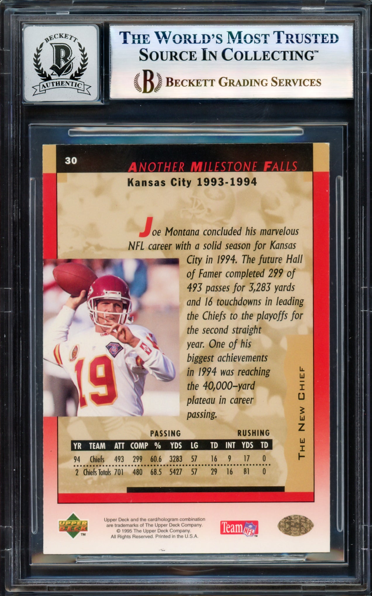 Joe Montana Autographed 1995 Upper Deck Card #30 San Francisco 49ers Auto Grade Gem Mint 10 Beckett BAS #17604249
