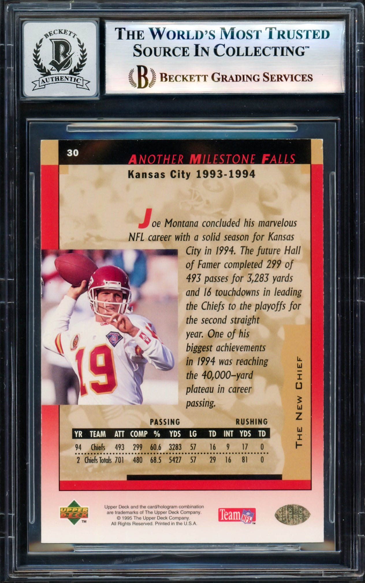 Joe Montana Autographed 1995 Upper Deck Card #30 San Francisco 49ers Auto Grade Gem Mint 10 Beckett BAS #17604250