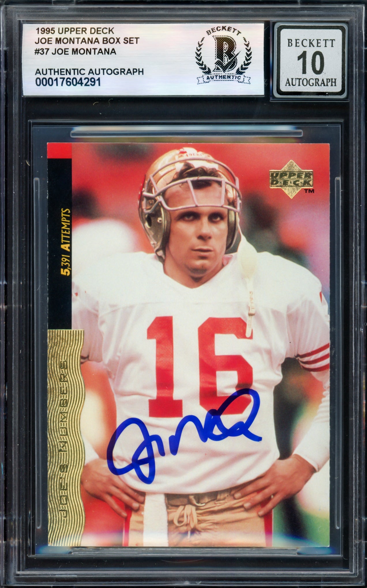Joe Montana Autographed 1995 Upper Deck Card #37 San Francisco 49ers Auto Grade Gem Mint 10 Beckett BAS #17604291