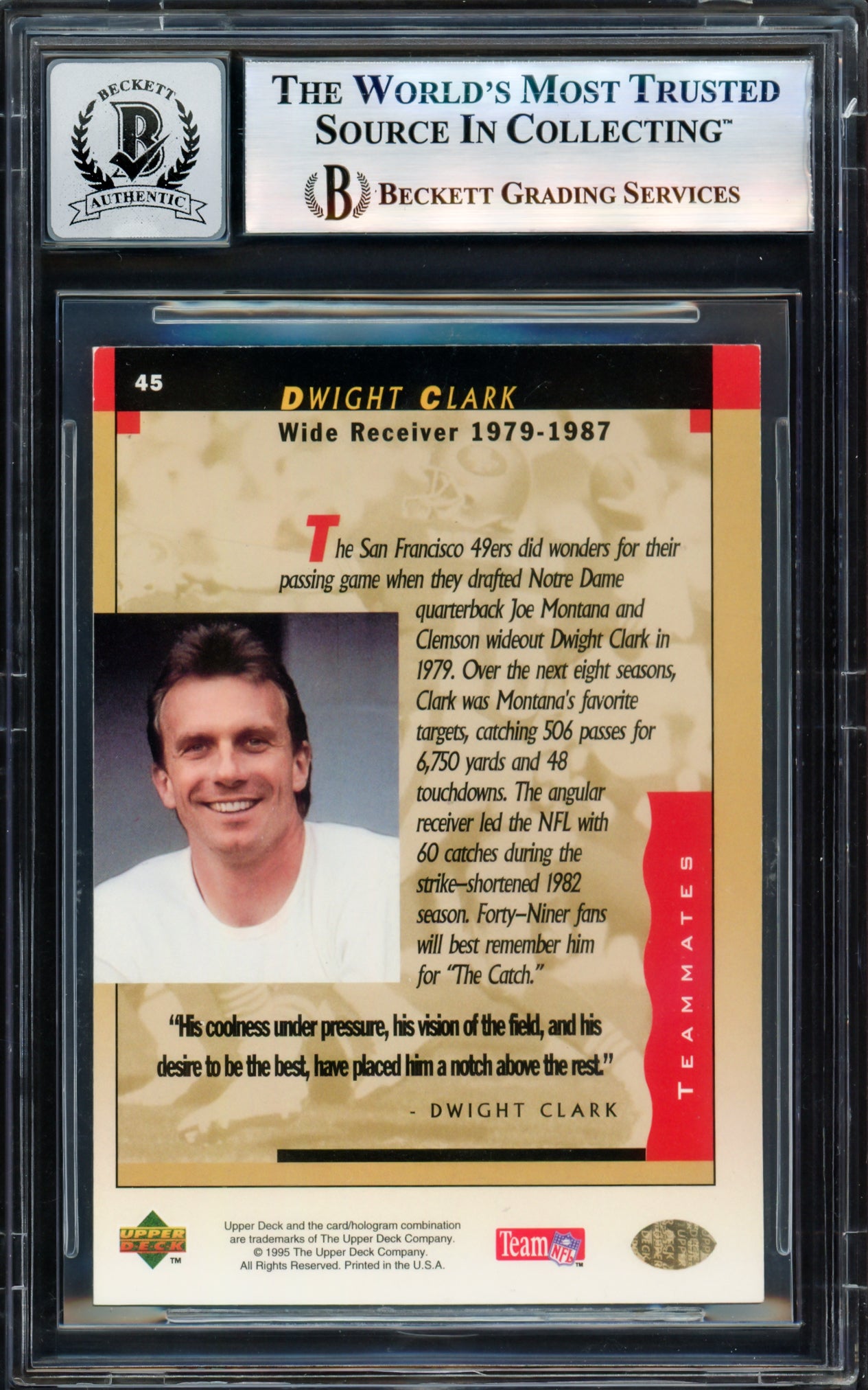 Joe Montana Autographed 1995 Upper Deck Card #45 San Francisco 49ers Auto Grade Gem Mint 10 Beckett BAS #17604312