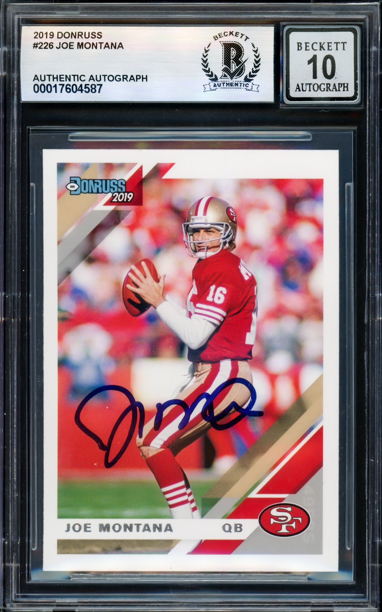 Joe Montana Autographed 2019 Donruss Card #226 San Francisco 49ers Auto Grade Gem Mint 10 Beckett BAS #17604587