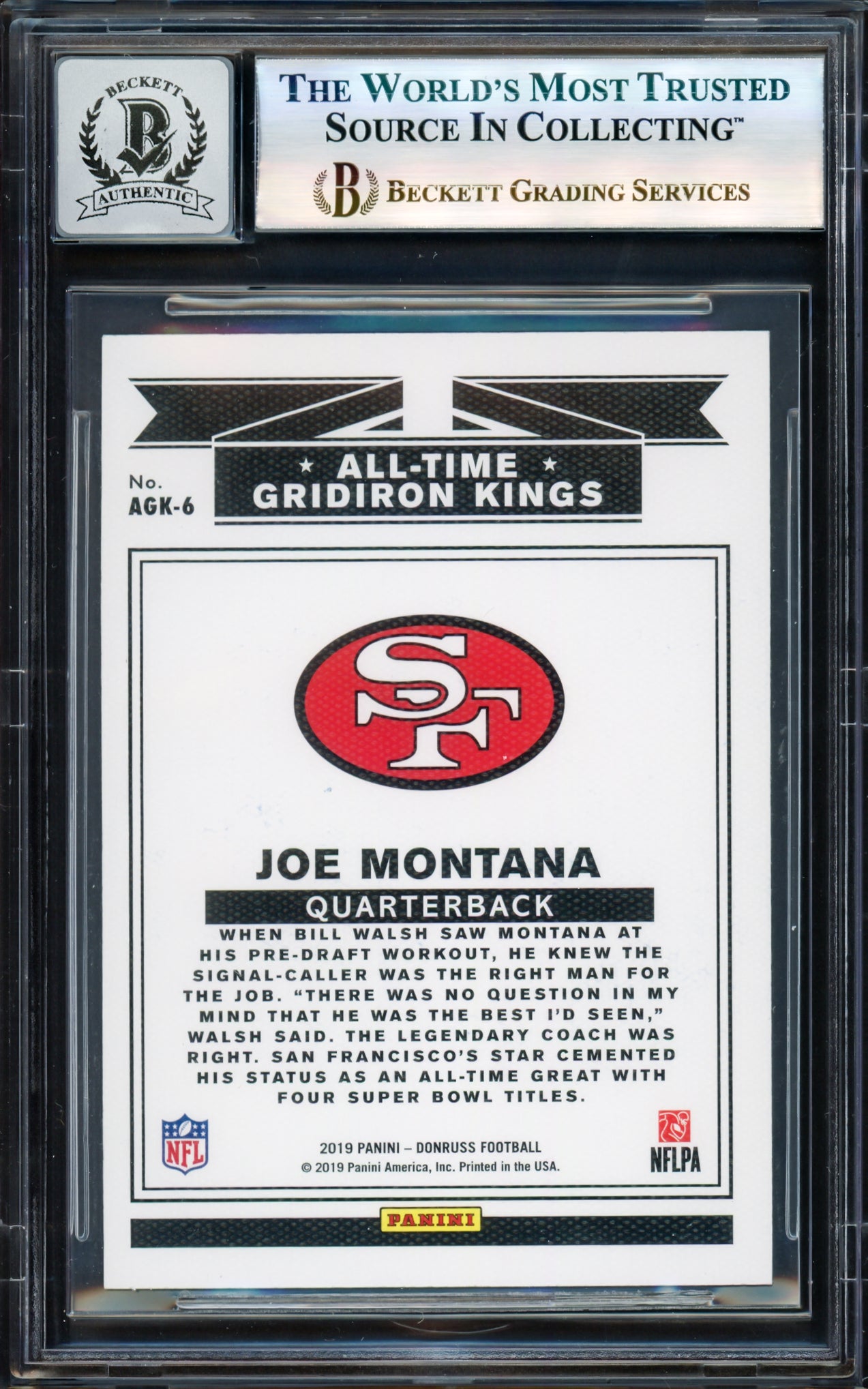 Joe Montana Autographed 2019 Donruss All Time Gridiron Kings Card #AGK-6 San Francisco 49ers Auto Grade Gem Mint 10 Beckett BAS #17604616