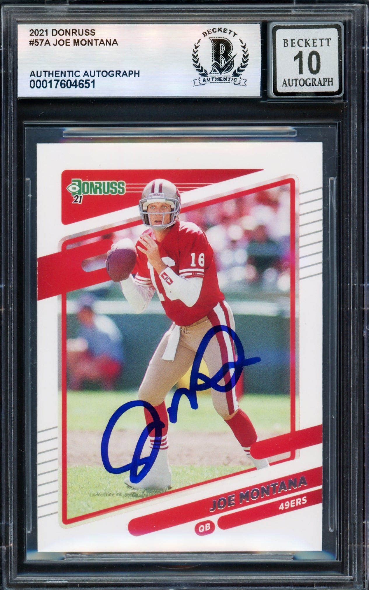 Joe Montana Autographed 2021 Donruss Card #57 San Francisco 49ers Auto Grade Gem Mint 10 Beckett BAS #17604651